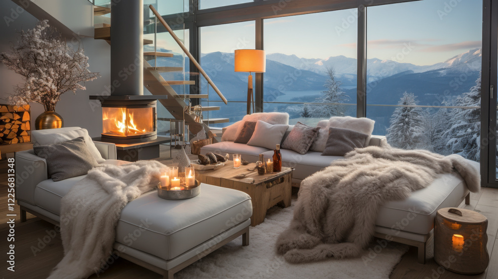 Penthouse in den Bergen mit gemütlicher Einrichtung, Kaminofen und hellen Polstermöbeln, Generative AI