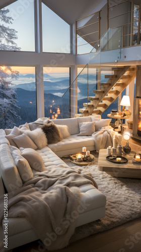 Penthouse in den Bergen mit gemütlicher Einrichtung, Kaminofen und hellen Polstermöbeln, Generative AI