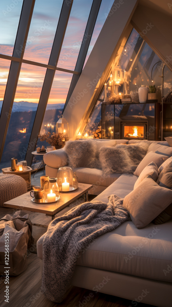 Penthouse in den Bergen mit gemütlicher Einrichtung, Kaminofen und hellen Polstermöbeln, Generative AI
