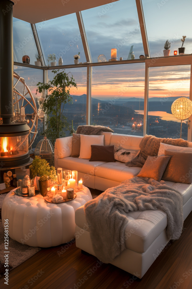 Penthouse in den Bergen mit gemütlicher Einrichtung, Kaminofen und hellen Polstermöbeln, Generative AI