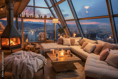 Penthouse in den Bergen mit gemütlicher Einrichtung, Kaminofen und hellen Polstermöbeln, Generative AI