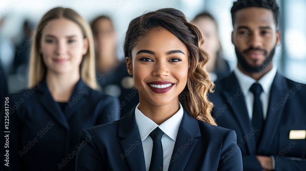 Smiling businesswoman leading a diverse team of professionals in a portrait Smiling businesswoman leading a diverse team of professionals in a portrait