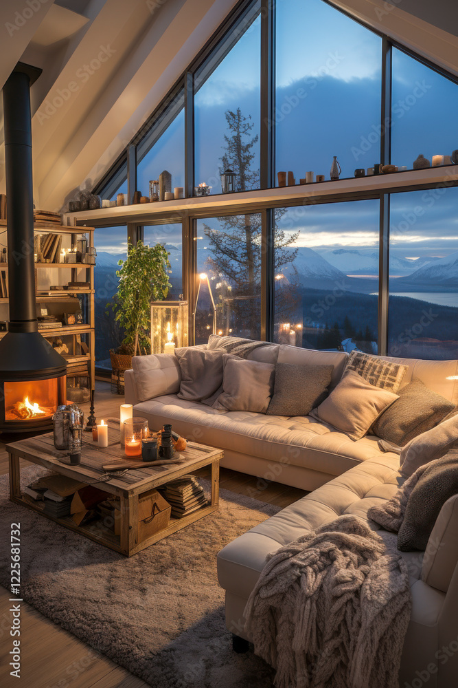 Penthouse in den Bergen mit gemütlicher Einrichtung, Kaminofen und hellen Polstermöbeln, Generative AI