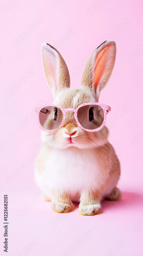 Fototapeta premium Funny cute rabbit, easter bunny wearing trendy sunglasses. Pastel pink background. Beautiful design for easter greeting card, invitation card. Copy space available. Easter theme.