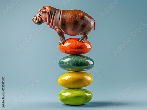 A whimsical scene featuring a hippo balancing atop brightly colored stones, showcasing creativity and fun. Strength and Stability Personified