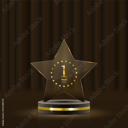 Set of glass award trophy with laurel wreath. Transparent prize template with golden laurel branches. Winner first place concept. Vector illustration.