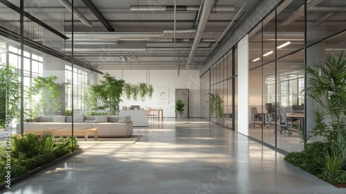 Modern Office Space with Lush Greenery and Sunlight