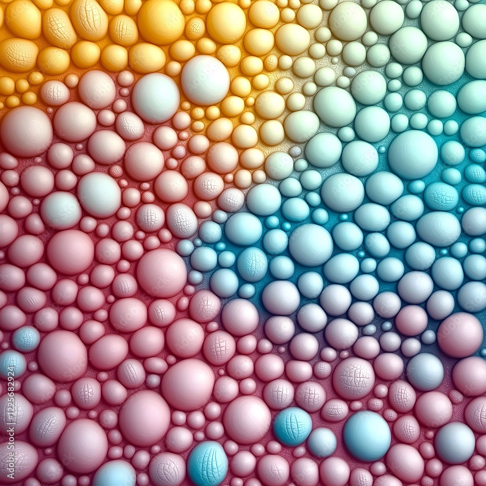 Pastel Bubble Delight: A mesmerizing abstract image featuring a gradient of pastel-colored spheres, creating a captivating and visually appealing texture. The seamless pattern of soft pink, orange. Pastel Bubble Delight: A mesmerizing abstract image featuring a gradient of pastel-colored spheres, creating a captivating and visually appealing texture. The seamless pattern of soft pink, orange.