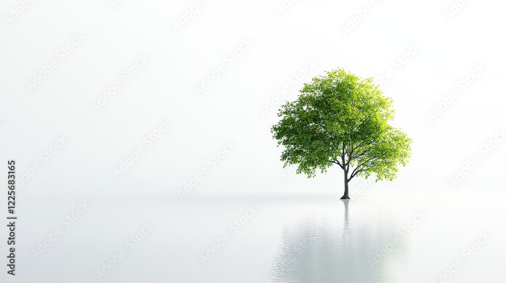 A solitary green tree reflecting on a serene water surface under a bright sky A solitary green tree reflecting on a serene water surface under a bright sky