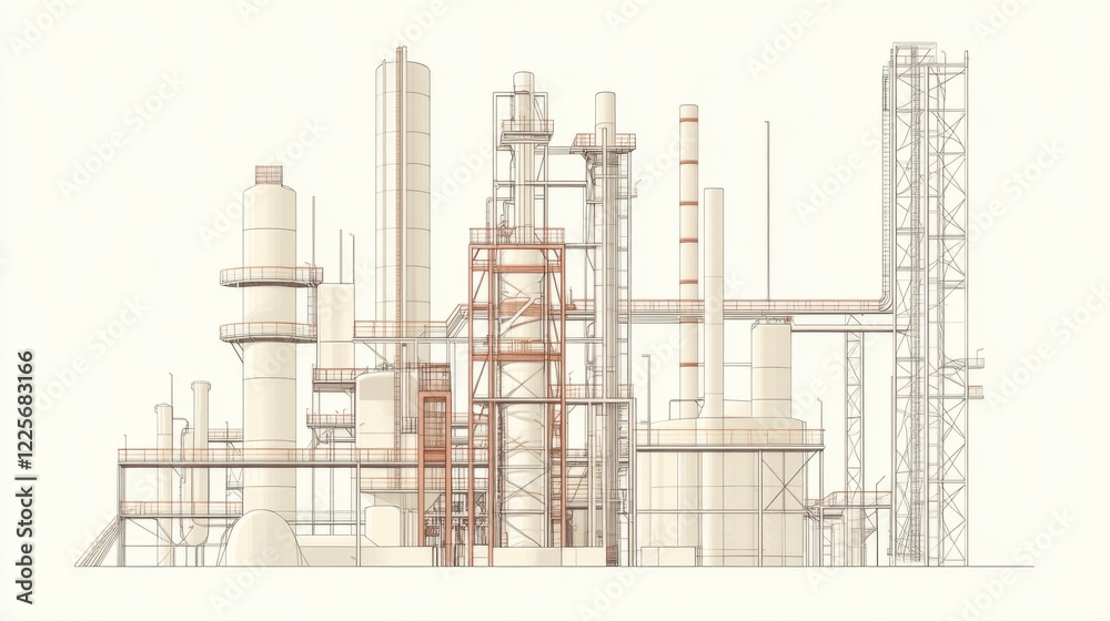Obraz premium Detailed illustration of an oil refinery complex, showcasing various towers, pipes, and structures.