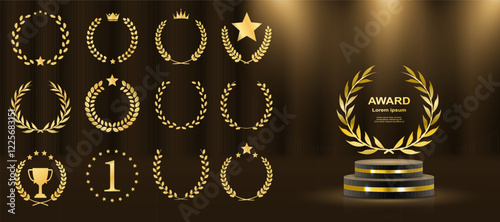Empty golden podium on a gold background with neon light effects and bokeh decorations. A luxury scene design concept featuring glowing light rays, perfect for product presentations or beauty industry