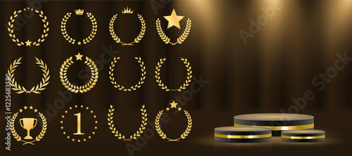 Golden podium with laurel wreaths, ribbons, and stars shining in a luxurious 3D award ceremony scene. Realistic golden prize stage featuring glitter, light smoke, and a dark, elegant background.
