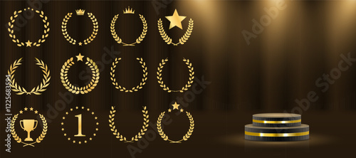 Gold award podium with a shimmering 3D stage, glowing light rays, and a glitter-covered floor. A luxurious vector illustration designed for winner ceremonies and beauty industry presentations 