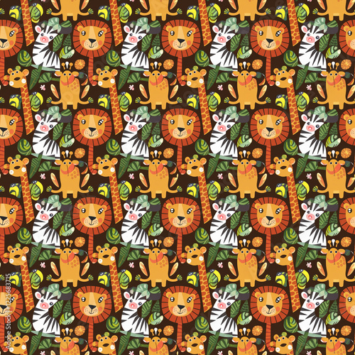 Vibrant Safari Animal Pattern with Playful Cartoon Style