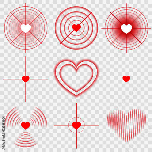 Red heart with wave effects and light highlights on a transparent background. A perfect combination of romantic symbolism and wireless technology featuring radar, sonar, and Wi-Fi-inspired designs. photo