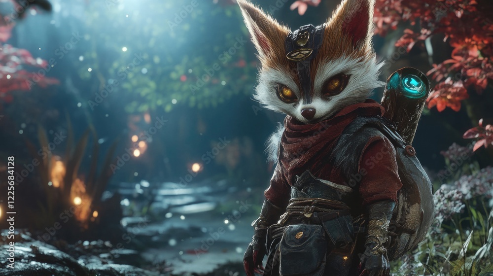 Fototapeta Fantasy creature character in a magical forest with glowing elements and vibrant foliage, showcasing adventure and mystique.