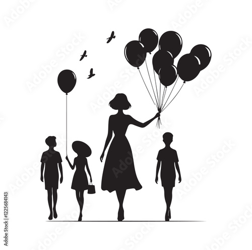 People holding balloons silhouette vector illustration

