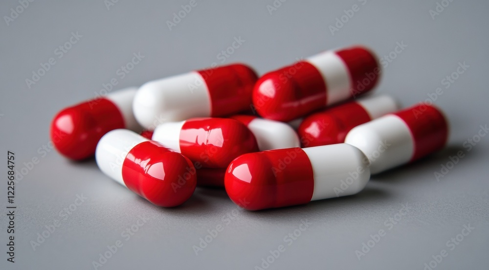 Close-up of scattered red and white capsules on a grey background Close-up of scattered red and white capsules on a grey background