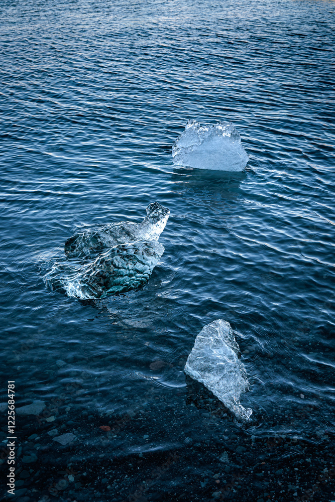 Jokulsarlon glacial lake with loose segments of glacier on the island of Iceland