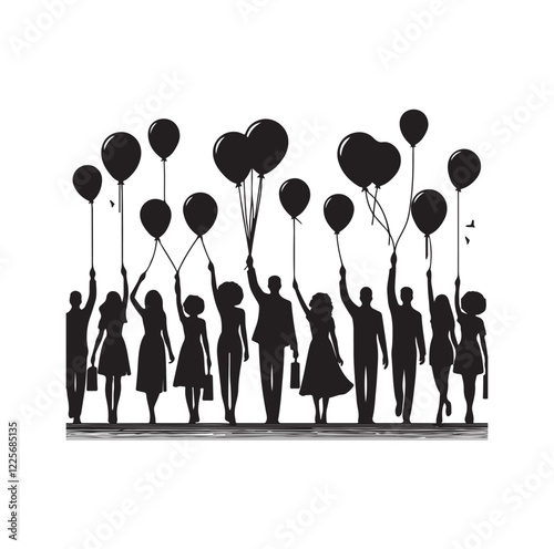 People holding balloons silhouette vector illustration

