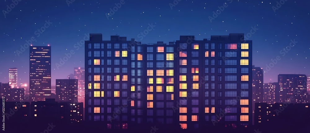 Naklejka premium The night skyline features a tall apartment building with its windows aglow, casting a silhouette in the urban environment.