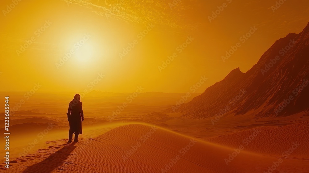 Fototapeta premium Solitary Figure Contemplates Vast Desert Landscape At Sunset