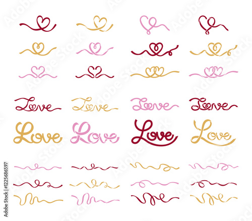 love heart ribbon line vector set. colorful pastel bow coquette sweet red pink gold romantic wedding valentine celebration confetti ballet lace graphic design art vintage anniversary illustration
