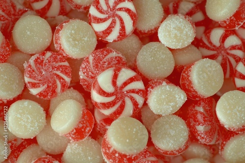 Red and white swirl candies piled high together photo