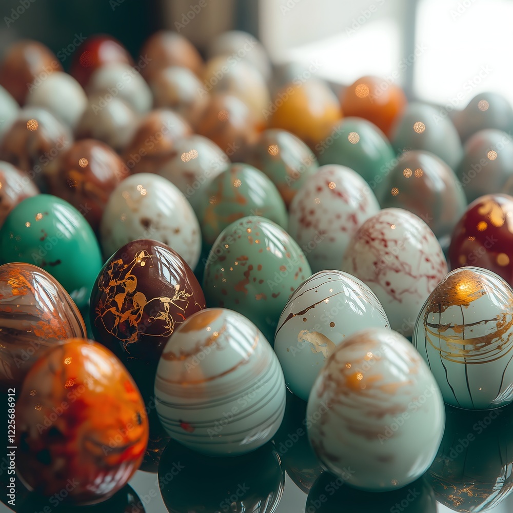 Fototapeta premium Artisan Chocolate Eggs Collection: A delightful close-up showcasing a diverse array of artisan chocolate eggs, each uniquely decorated with intricate patterns and metallic accents.