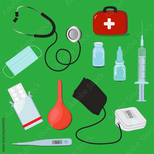 medical vector icons set with pills, syringe, syringe, thermometer, blood pressure monitor, stethoscope