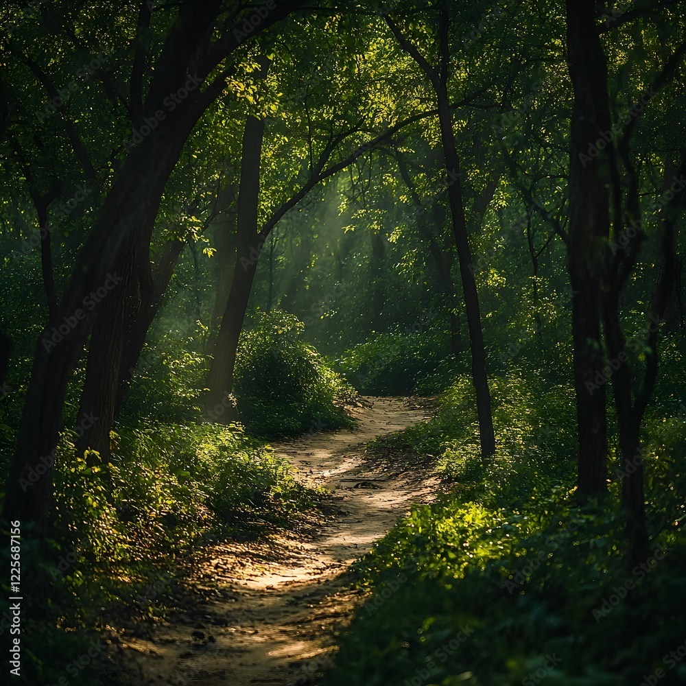 Obraz premium Sunlit Path Through Lush Green Forest Trail