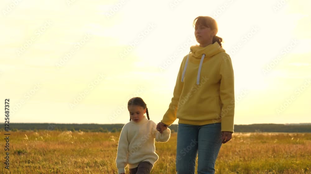 Woman holds girl hand. Child, kid and mother walk against background bright rays light shining sun. Concept of moving forward, overcoming obstacles, aspirations, hoping for a great future. playground Woman holds girl hand. Child, kid and mother walk against background bright rays light shining sun. Concept of moving forward, overcoming obstacles, aspirations, hoping for a great future. playground