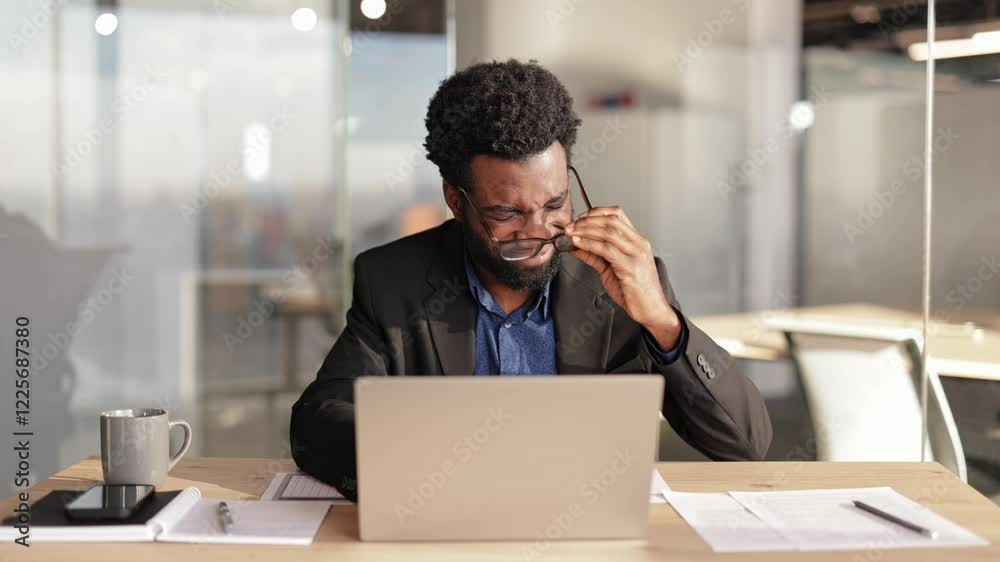 Stressed young African businessman takes off glasses and rubs temples from severe headache working on laptop at modern office. Tired overworked entrepreneur feels unhealthy from overwork. Stressed young African businessman takes off glasses and rubs temples from severe headache working on laptop at modern office. Tired overworked entrepreneur feels unhealthy from overwork.