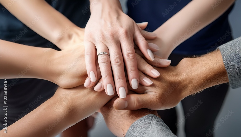 Stack of hands showing unity and teamwork Stack of hands showing unity and teamwork