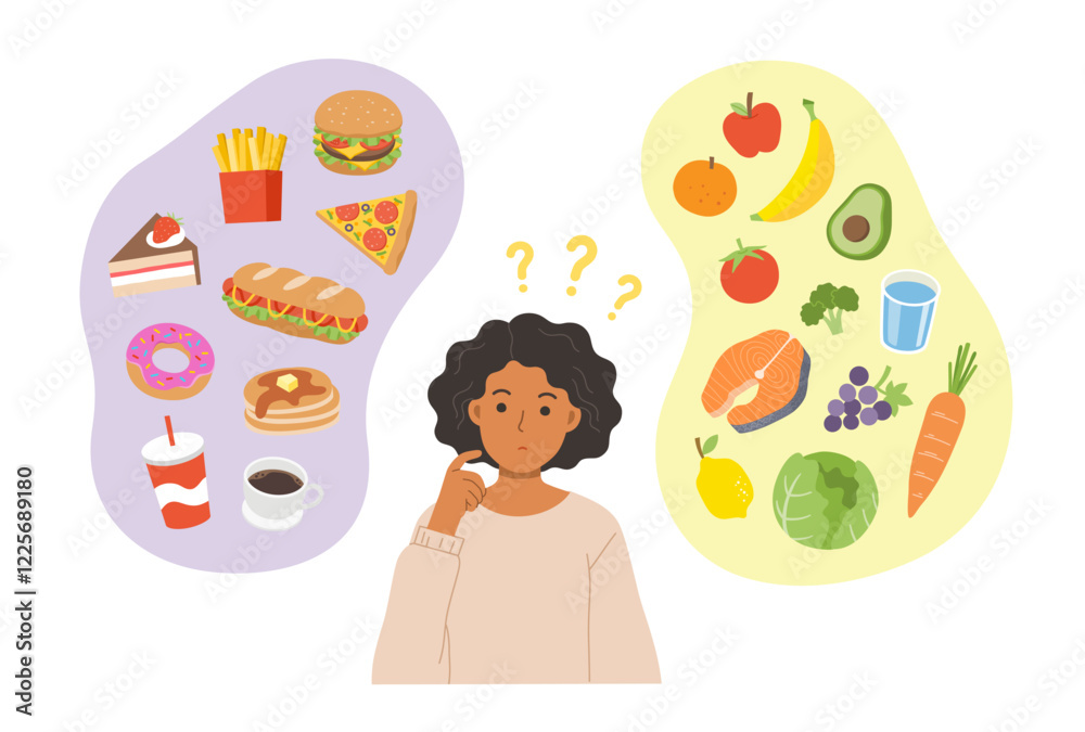 A woman choosing between healthy and unhealthy food. Fast-food vs balanced menu comparison. Healthy vs unhealthy food concept. A woman choosing between healthy and unhealthy food. Fast-food vs balanced menu comparison. Healthy vs unhealthy food concept.