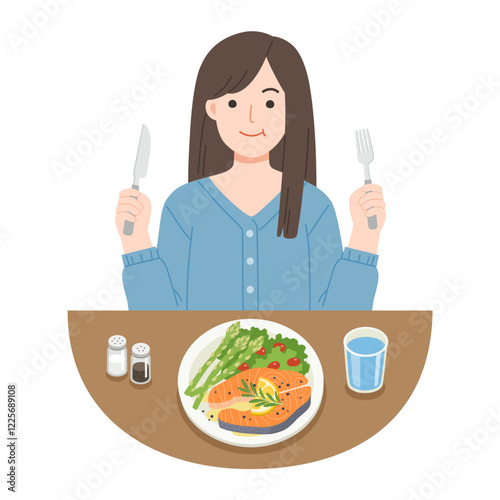 A woman eating salmon steak. Good food for life. Healthy foods with benefits. Healthy and vegan food concept.