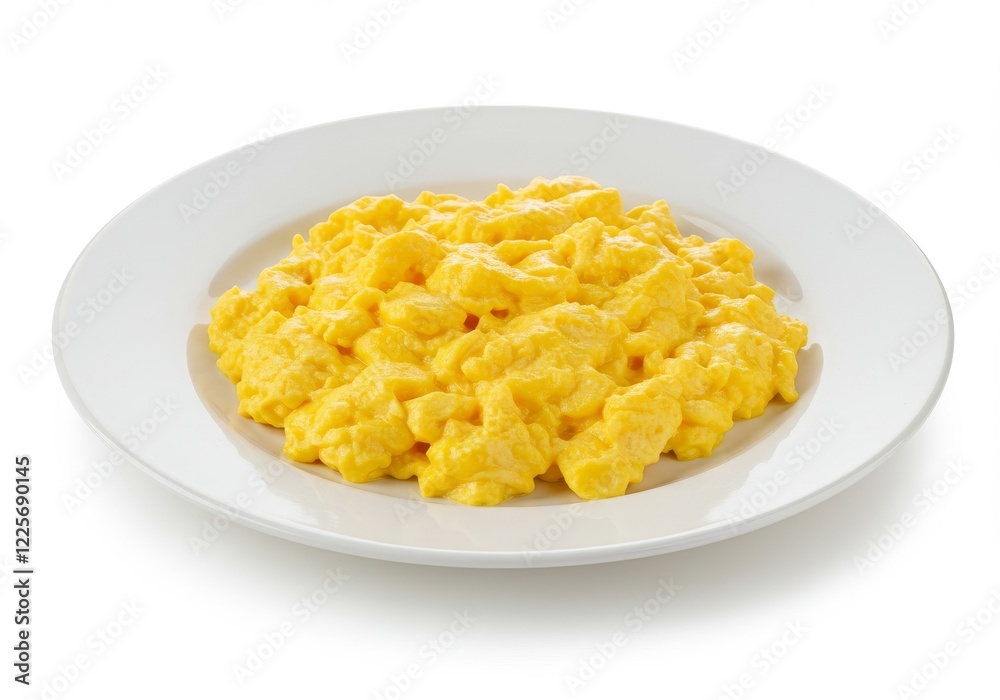 Fluffy scrambled eggs on white plate isolated on white background Fluffy scrambled eggs on white plate isolated on white background