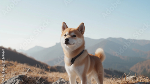 Shiba Inu Hiking on Rocky Mountain Trail with Scenic Valley View photo