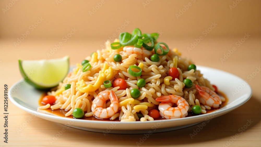 A steaming plate of shrimp fried rice, with golden grains, plump pink shrimp, and vibrant veggies, is garnished with green onions and lime, exuding warmth and rich, savory flavors.
