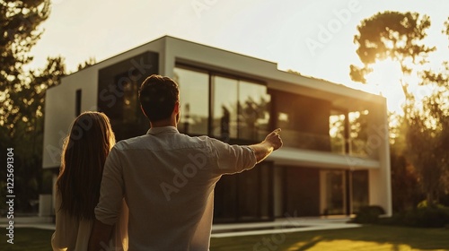 Rear view of young couple looking at their new house