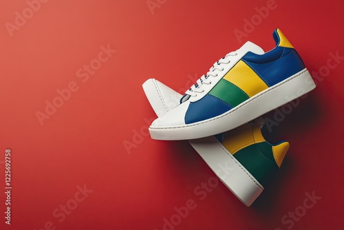 Trendy sneakers soaring against a vibrant, colorful backdrop, embodying a stylish and fashionable minimalist concept, with a touch of levitation photo