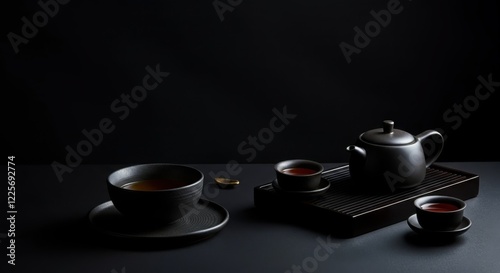 Elegant black ceramic teaware set with tea cups and teapot on dark background photo