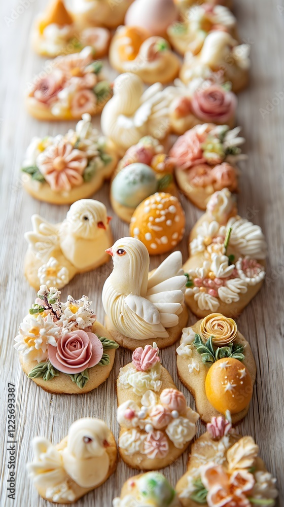 Delicate Easter Cookies: A delectable collection of exquisitely decorated Easter cookies, featuring delicate flowers, charming birds, and colorful eggs, arranged in a charming, whimsical pattern. Delicate Easter Cookies: A delectable collection of exquisitely decorated Easter cookies, featuring delicate flowers, charming birds, and colorful eggs, arranged in a charming, whimsical pattern.