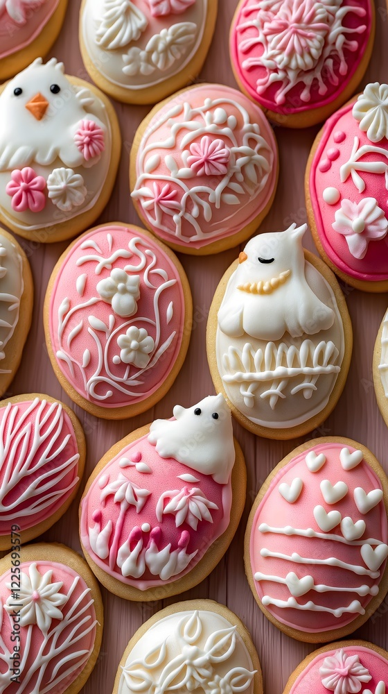 Easter Egg Cookies: Delightful assortment of Easter egg-shaped cookies, delicately decorated with pink and white icing, featuring charming chick and bunny designs. A perfect springtime treat. Easter Egg Cookies: Delightful assortment of Easter egg-shaped cookies, delicately decorated with pink and white icing, featuring charming chick and bunny designs. A perfect springtime treat.