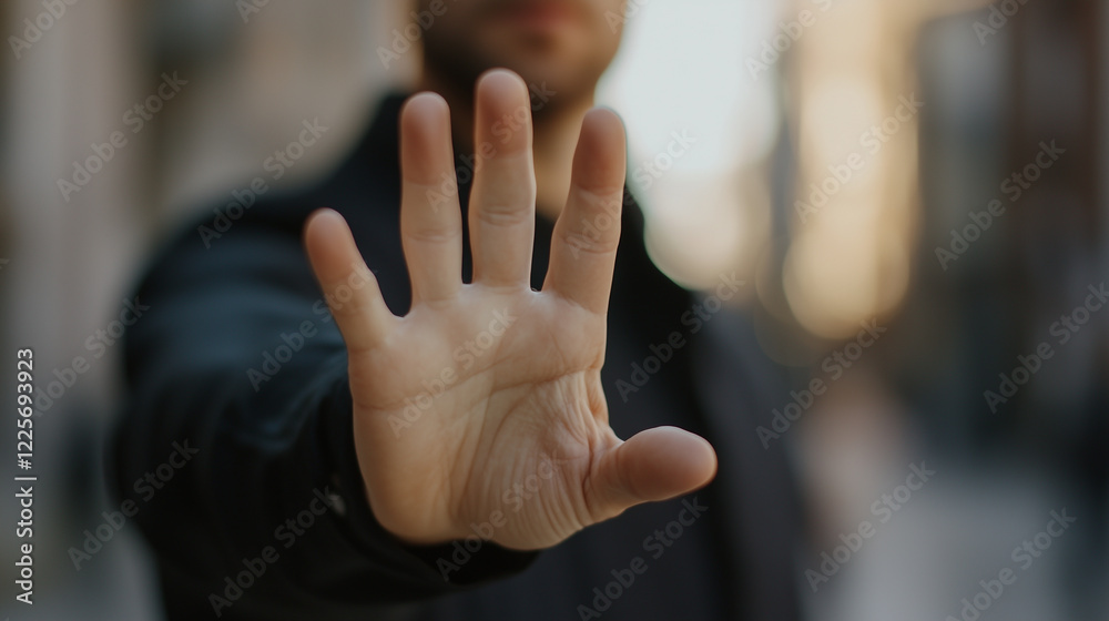 Obraz premium Close Up of Man Hand Signal for Urgent Caution