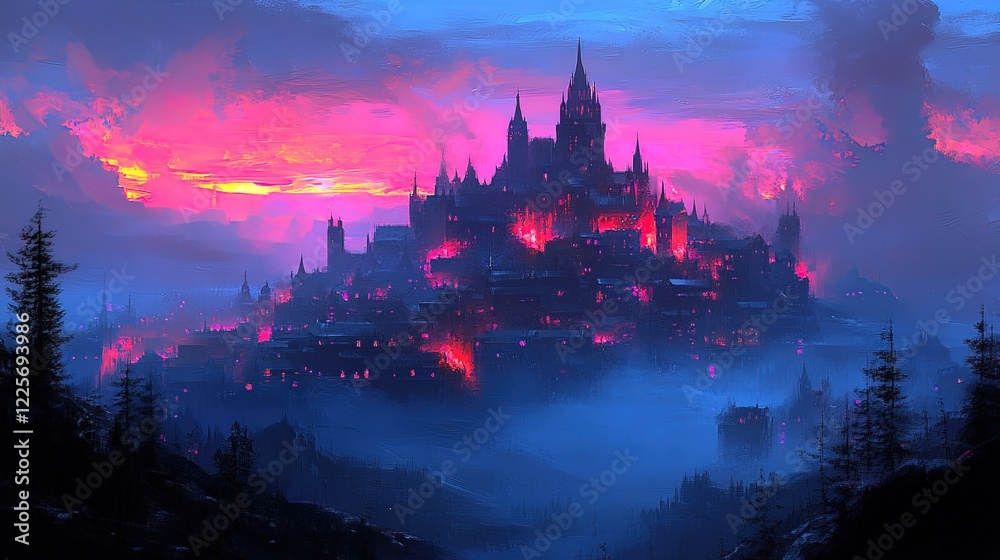 Naklejka premium A glowing neon skyline at twilight, blending shades of blue, pink, and purple, creating a dreamy cityscape 