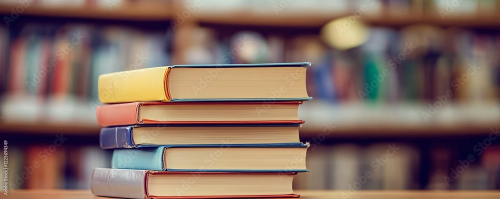 Books stacked on a wooden desk with a bookcase in the background Books stacked on a wooden desk with a bookcase in the background