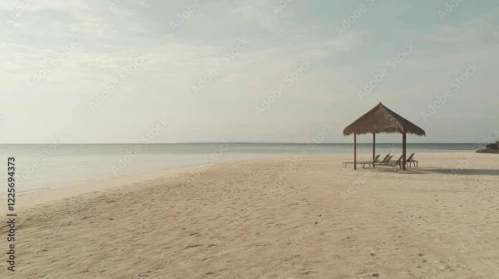 Secluded beach hut with lounge chairs on tranquil sandy shore. Secluded beach hut with lounge chairs on tranquil sandy shore.