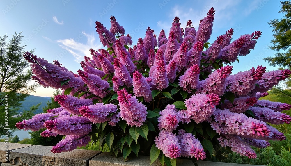 Obraz premium Vibrant lilac blossoms in suburban garden at twilight, floral beauty