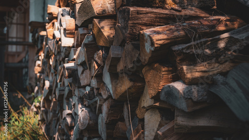 Stapel Brennholz vor Haus